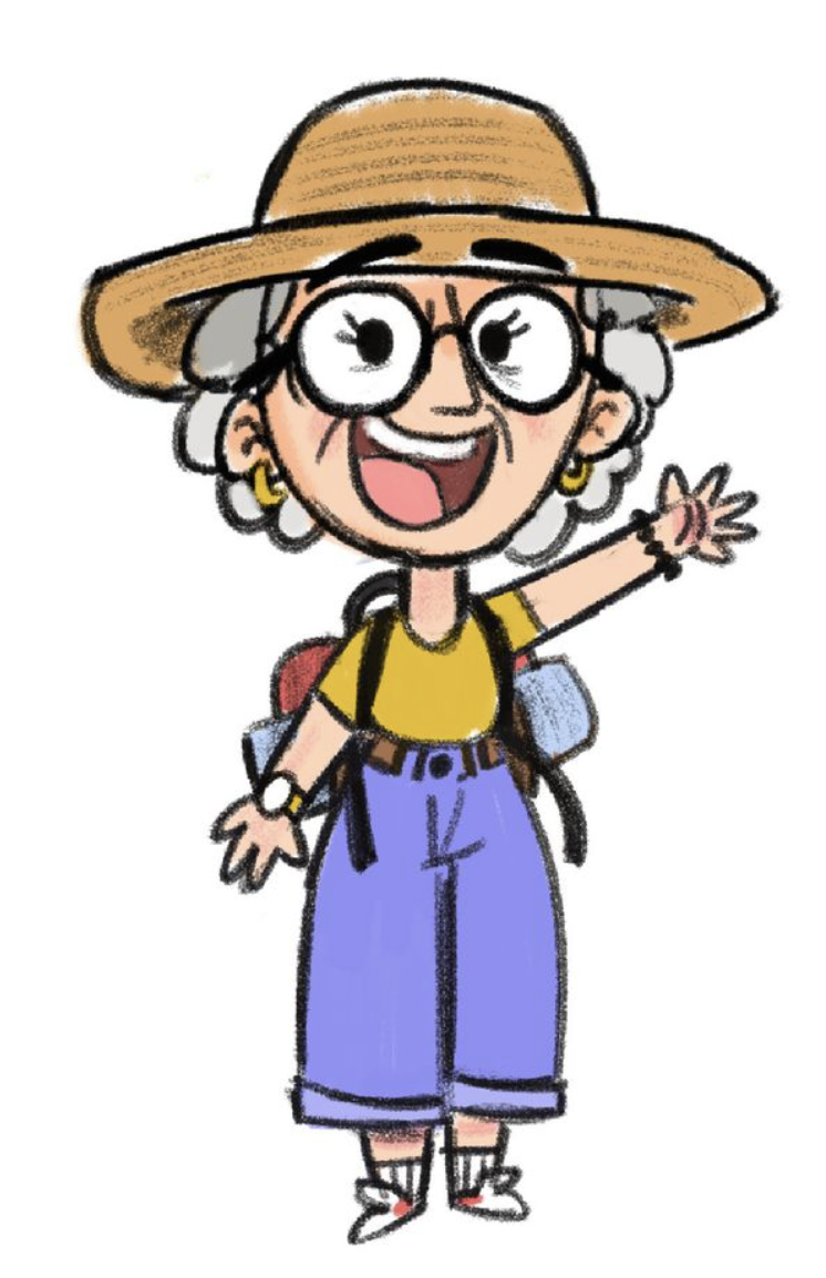Gigi smiling and waving, ready for an adventure